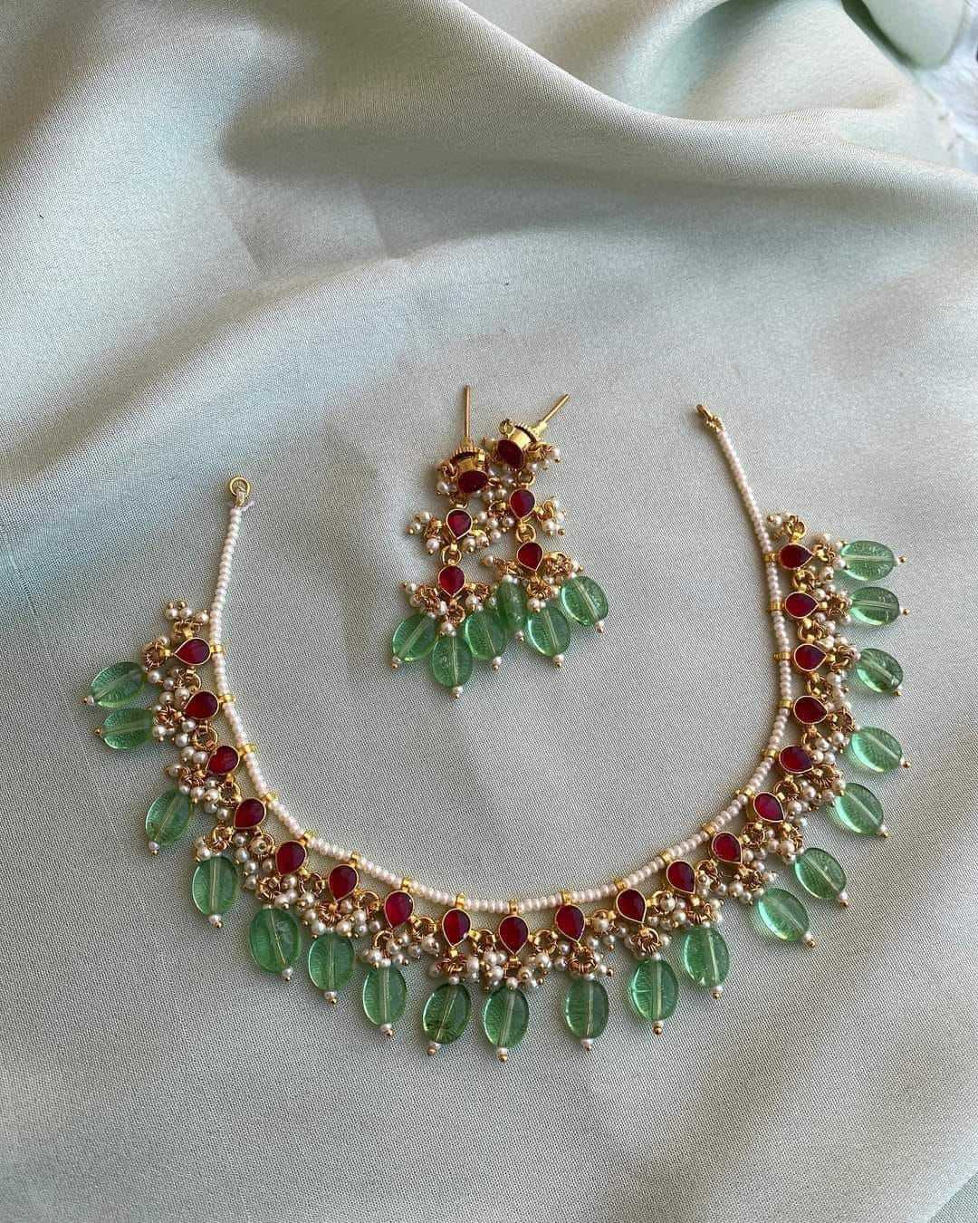 Red stone with green beads necklace (PJ-88)