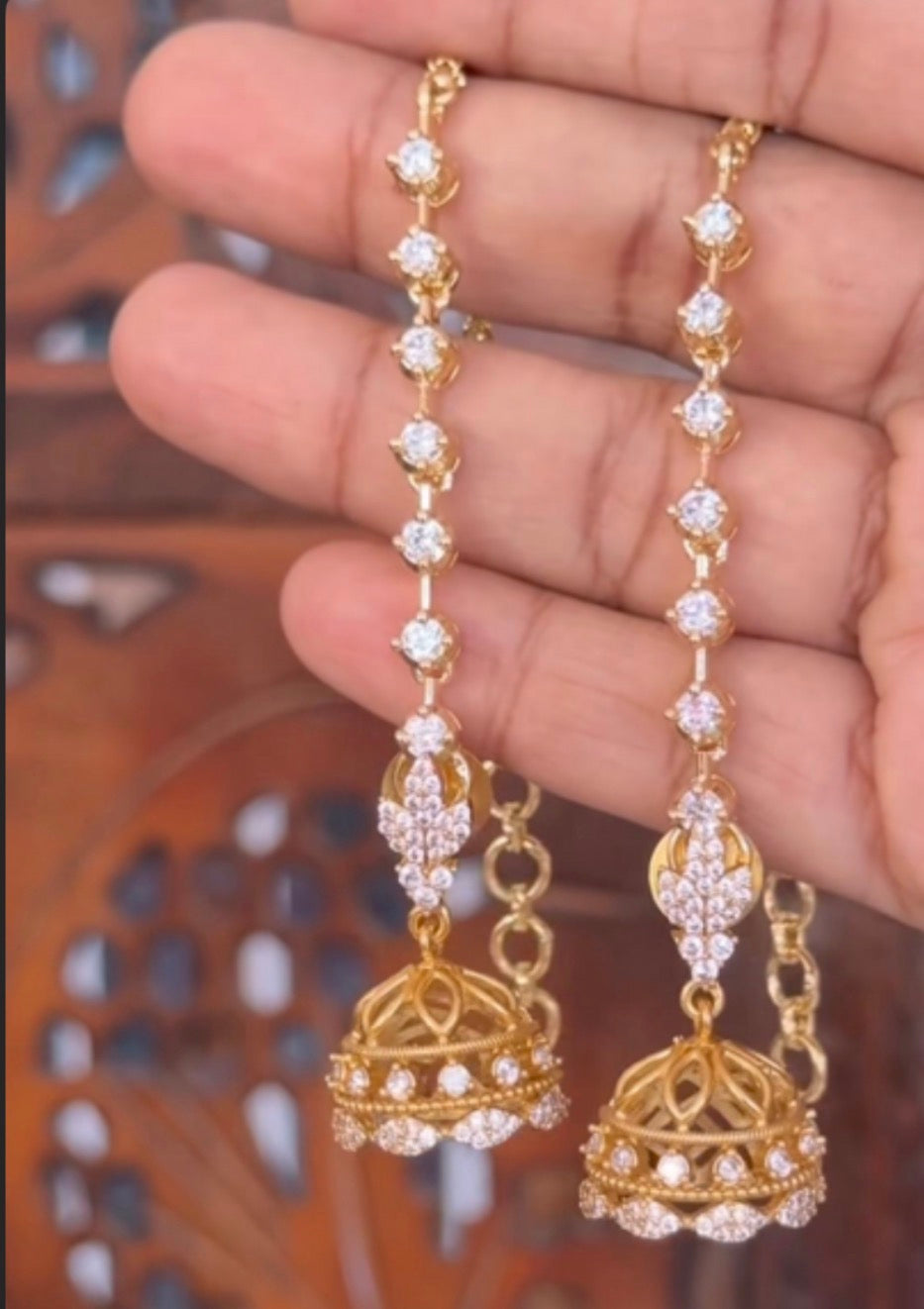 White stone jumka with ear chain
