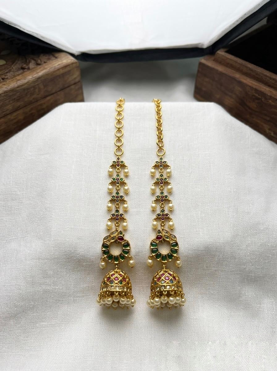 Green jumka and ear chain