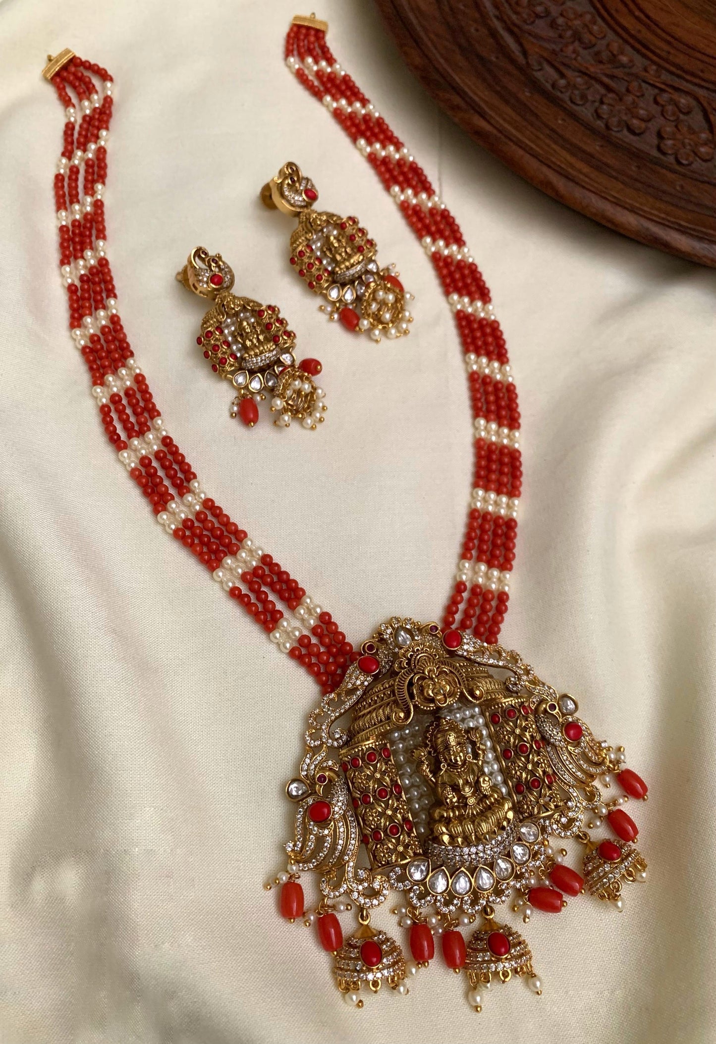 Red Beads jewellery with Lakshmi pendent(PJ-1)