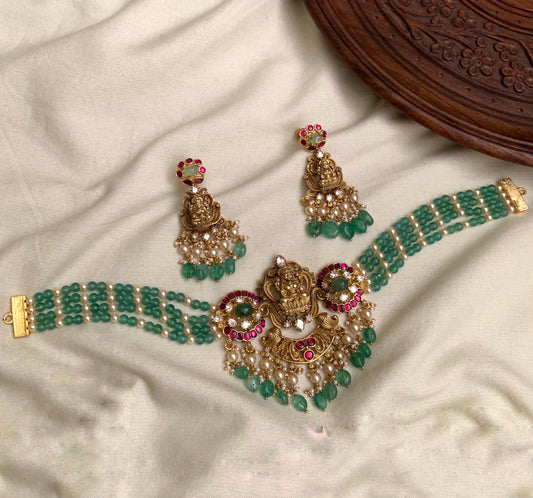 Jadau Kundan green beads choker (JK-6)