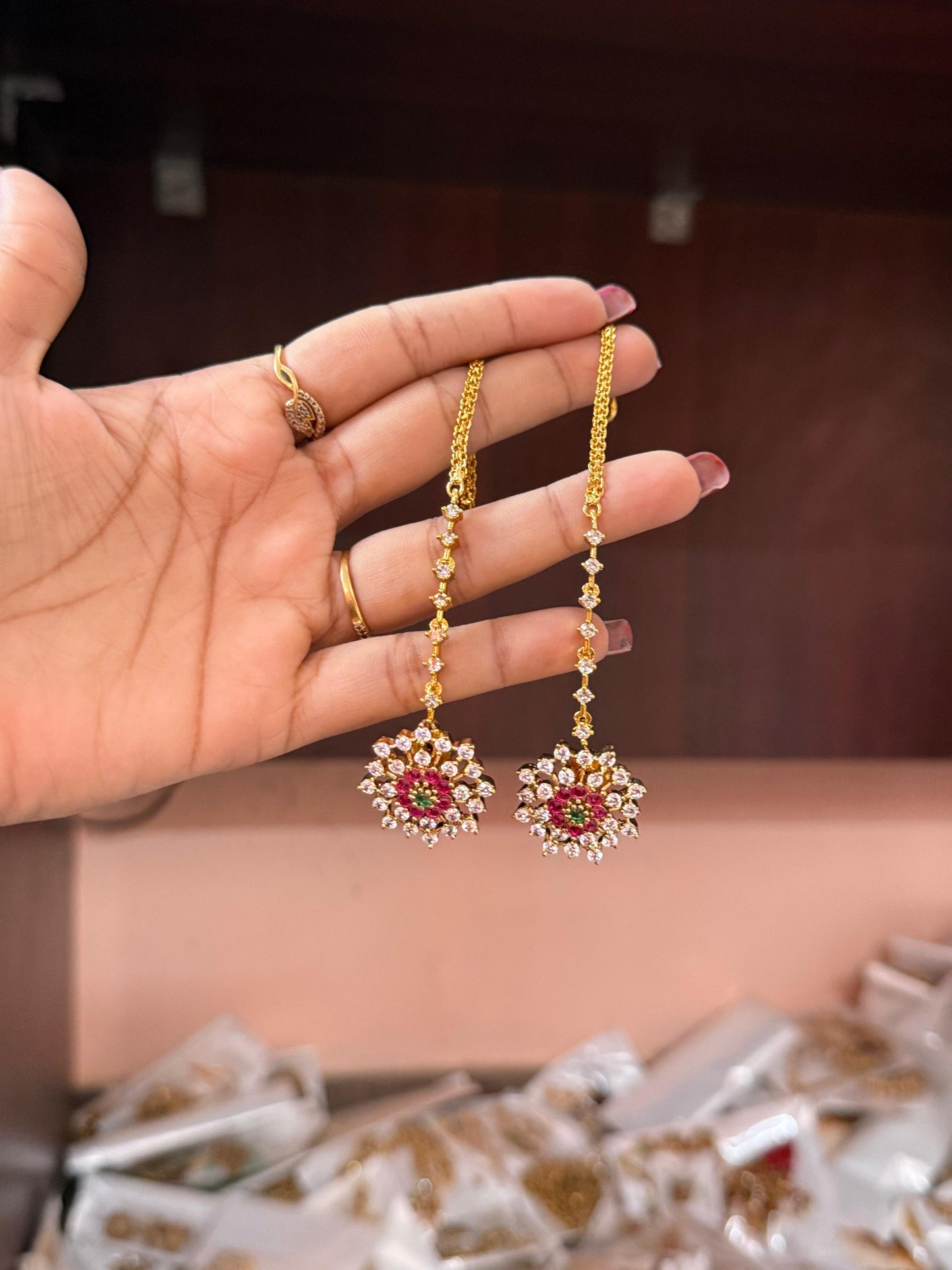 White stone stud with ear chain