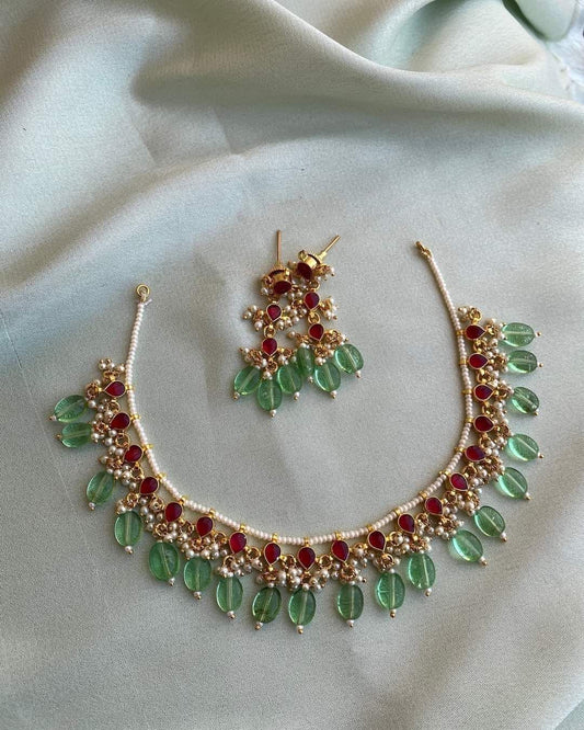 Red stone with green beads necklace (PJ-88)