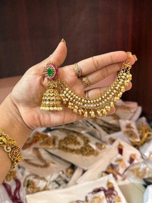 Round Ruby jumka with ear chain
