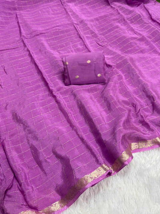 Pure viscose Chinon chiffon blend Saree With zari chex and pattu border dt(CS-3)