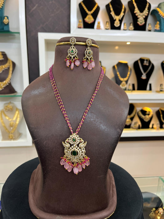 Pink beads with Victorian pendent(AK)(VJ-3)