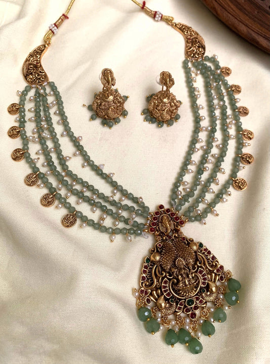 3 layer green beads necklace(N-41)